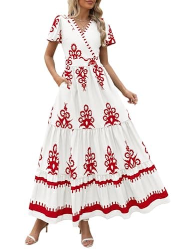 PRETTYGARDEN Womens 2026 Summer Casual V Neck Boho Maxi Dress Flowy Aline Bell Sleeve Tiered Floral Dresses with Pocket (Floral Light Apricot Orange,Medium) - Image 1