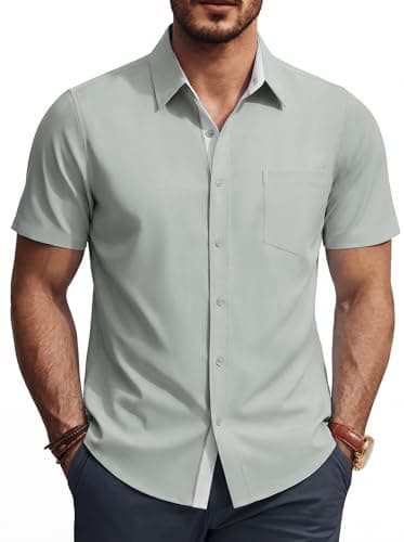 PJ PAUL JONES Mens Short Sleeve Casual Business Shirt Summer Button Down Dress Shirts with Pocket Green XL - Image 1