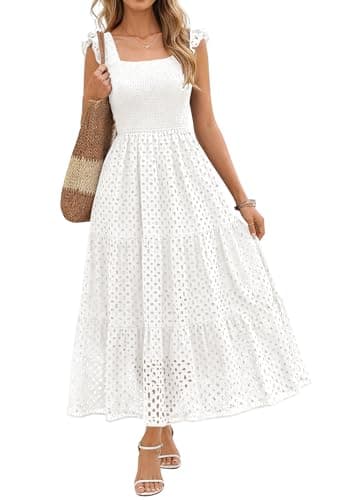 Lazysmile Womens Summer Maxi Dress Square Neck Ruffle Cap Sleeve Hollow Out Eyelet Smocked Tiered A Line Boho Sundress White - Image 1
