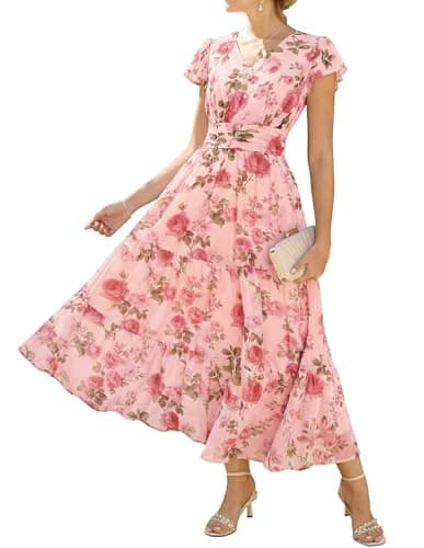 GRACE KARIN Women Summer Dress,Maxi Floral Dresses,V Neck Wedding Guest Flowy Dress 2026 Grayish-Pink with Pink Rose XL - Image 1