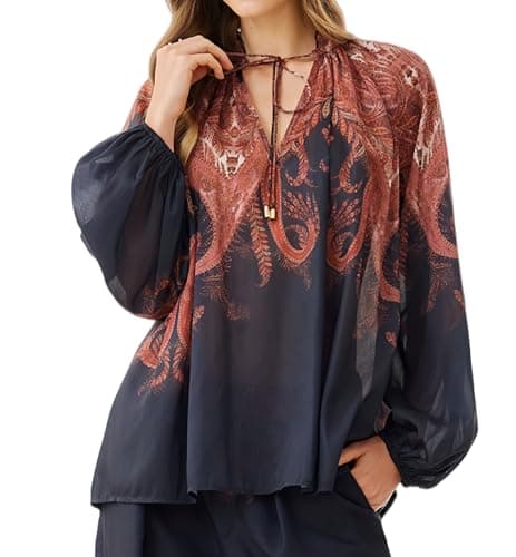 Women's 2026 Casual Loose Fit Lightweight Summer Fall Balloon Sleeve Boho Paisley Print Blouse Peasant Tie Neck Gypsy Style Top Ladies Vintage Bohemain Shift Shirt Blouse for Vocation Travel - Image 1