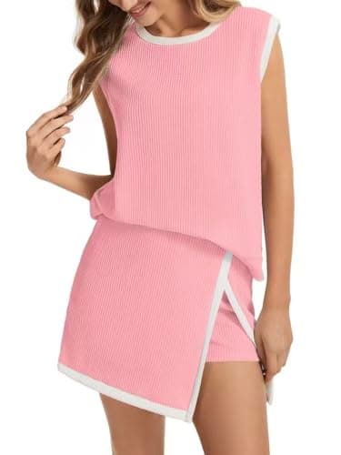 itnpbwus Short Sets for Women Ribbed Tank Top Matching Split Lined Skirt Lounge Outfits Light Pink L - Image 1