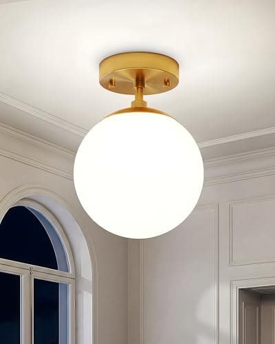 Majade Semi Flush Mount Ceiling Light 8" Globe Mid Century Modern Light Fixture Milk Glass with Gold Brass Finish Light Fixtures for Hallway Entryway Kitchen Island Closet Laundry Bathroom - Image 1