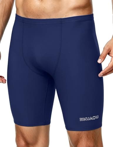 RIKUAOU Men's Athletic Swim Jammers, Square Leg Quick Dry Swim Shorts, UPF 50+ Swimsuit for Lap Swimming Training Surf, 9 inch Navy Blue - Image 1