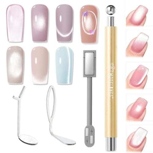 modelones Cat Eye Magnet Set, 5PCS 3-in-1 Dual-Head Nail Magnet Pen with Heart, Lightning & Ball Shapes for Cateye Gel Polish, Side Light Wide Light Glass Glow Effects, DIY Nail Art Tooln