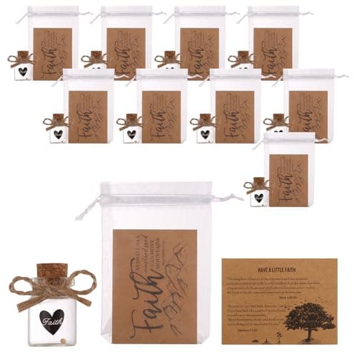Qpige 10 Pack Christian Faith Favors Bulk, Mini Glass Bottle Keepsakes with Matthew 17:20 Cards & Organza Bags, "Move Mountains" Religious Inspirational Gifts for Church, Baptism, Sunday School(Kraft-Heart-10Pcs) - Image 1