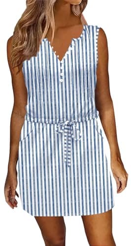 ETCYY Womens Summer Casual Dresses Sleeveless Beach Vacation Sundresses Drawstring Waist Short Striped Dress with Pockets,Striped Thin Blue,Medium - Image 1