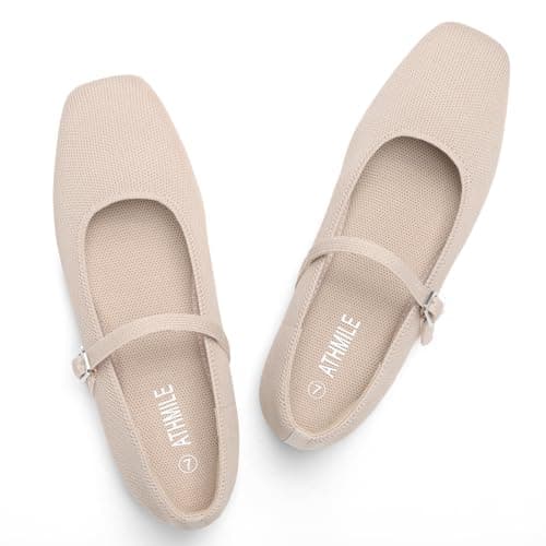 ATHMILE Square Toe Ballet Flats Mary Janes Shoes Women with Padded Heel & Adjustable Strap, Knit Slip-On Flats for Women for Office, Dressy & Casual, Machine Washable for Easy Care Nude Size 9 - Image 1
