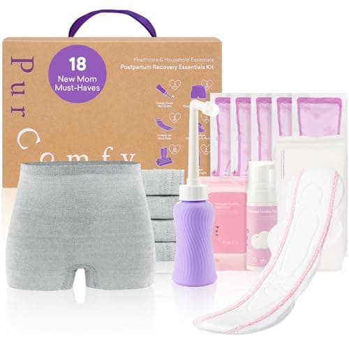 PurComfy 18 Pcs Postpartum Essentials Recovery Kit, Includes 5 Disposable Underwear, 24 Perineal Pad Liners, Perineal Care Foam, 5 Instant Ice Pads, Peri Bottle and 5 Postpartum Pads - Image 1