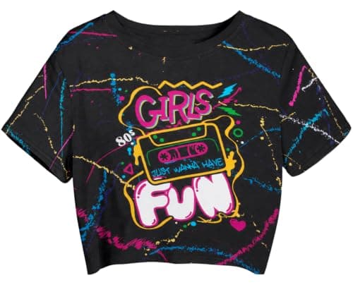 80s 90s Outfit for Women Retro 80s Theme Party Crop Tops Vintage 90s Disco Music Shirt Short Sleeve Graphic Tee Black - Image 1