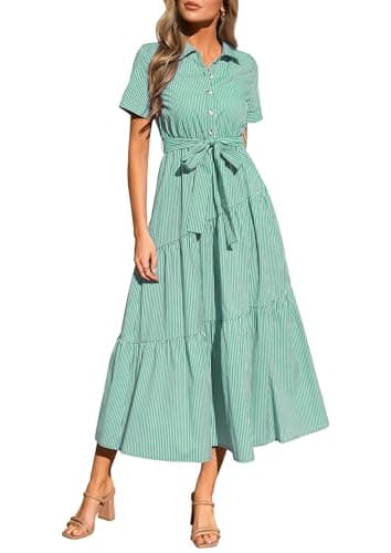 PRETTYGARDEN Women's Summer Maxi Button Up Shirt Dress 2026 Short Sleeve Striped A Line Long Flowy Elegant Spring Dresses (Green Striped,Small) - Image 1