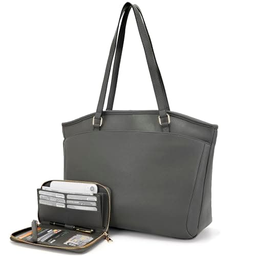 YZAOLL 15.6 Inch Laptop Tote Bag for Women,Water-resistant Vegan Leather with Anti-Scratch Padded Sleeve,Lightweight Multi-Pocket Work Bag for Business Travel,College,Office Essentials,DarkGrey - Image 1
