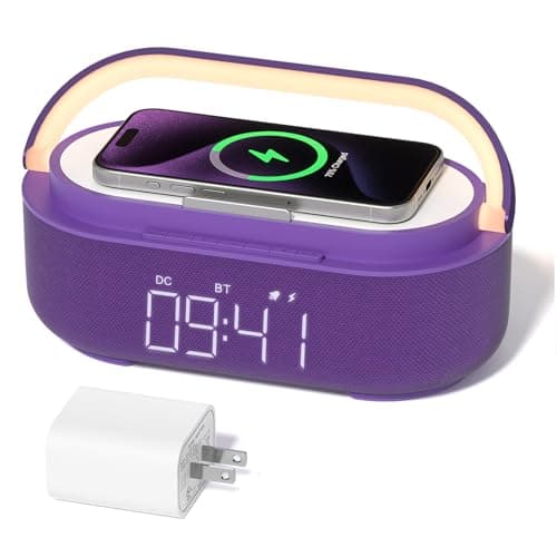 COLSUR Bluetooth Speaker Alarm Clock with Wireless Charger, FM Radio, Adjustable LED Night Light, 6 in 1 Bedroom Portable Speaker 2500mAh, Phone Stand for Bedside, Home, Office, Gift (Purple) - Image 1