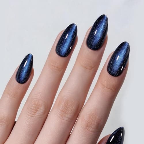 VSALON Press on Nails Short Almond - Blue Cat Eye Chrome Glue On Nails Kit for Women, Reusable Opaque Gel Stick on Nails with Glue & Cuticle Oil - 32 PCS Fake Nails in 16 Sizes (Midnight Tide) - Image 1