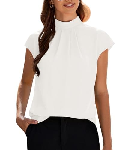 Funlingo Shirts for Women 2025 Summer Short Sleeve White Tops Dressy Mock Neck Ladies Chiffon Blouse Business Professional Work Office Outfits XS - Image 1