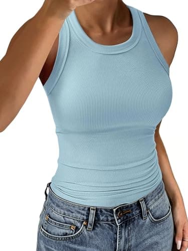 C.O.Z.Y Tank Tops for Women Ribbed Racerback Top Shirts High Neck Tank Casual Slim fit Basic Summer Tops Sky Blue S - Image 1