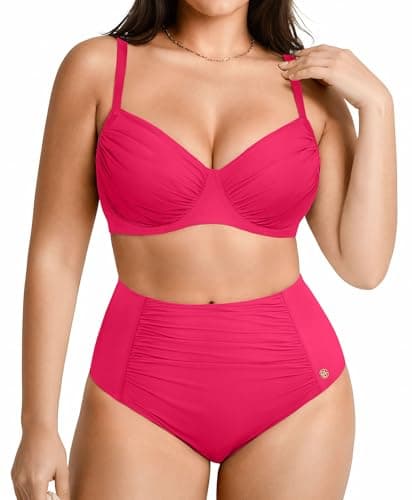 Popilush Tummy Control Shapewear Swimsuits for Women High Waisted Bikini Sets Ruched Push Up Two Piece Bathing Suit Pink - Image 1