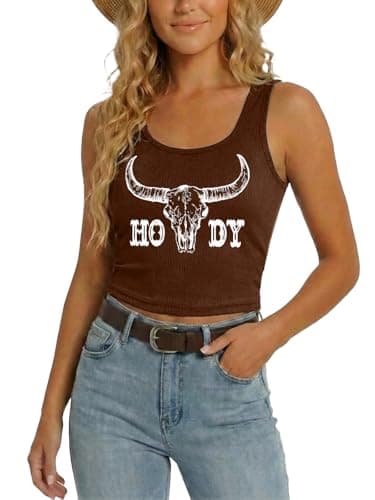 YHHR Women's Cowgirl Country Concert Sleeveless Cropped Tank Top Summer Casual Cowboy Shirt Western Graphic Top Cute Outfit Brown