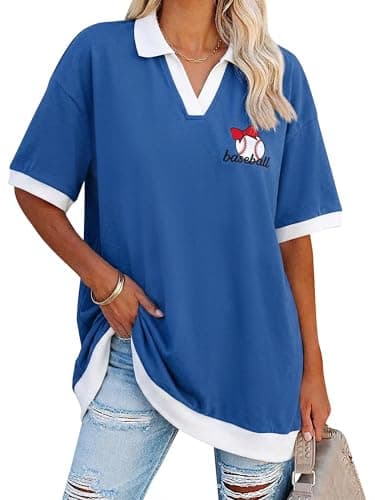 Baseball Shirts Women Oversized Baseball Graphic Tee Funny Game Day Gifts Collared V Neck Short Sleeve Tops Blue - Image 1