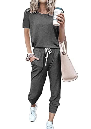 PRETTYGARDEN 2 Piece Outfits for Women 2026 Summer Casual Lounge Jogger Sets Short Sleeve Top and Long Pants with Pockets (Dark Grey, Small) - Image 1