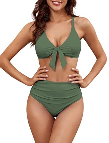 ZAFUL High Waisted Bikini Sets for Women Tummy Control Swimsuits Tie Knot High Rise 2025 Two Piece Bathing Suits (Large, Army Green) - Image 1