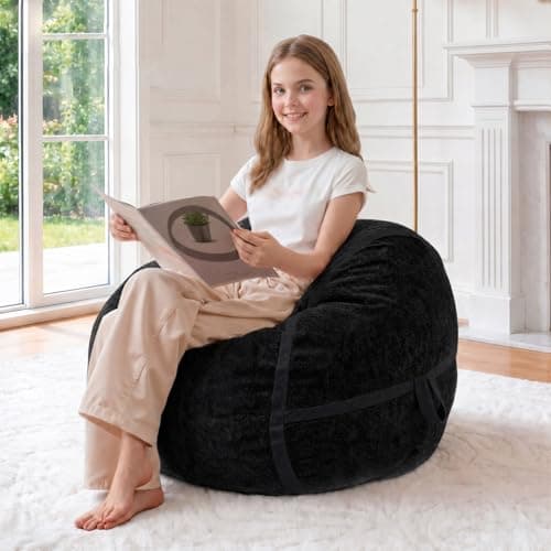 HABUTWAY 2FT Bean Bag Chair, Small BeanBag Chairs with Memory Foam Filled, Ultra-Soft Velvet Bean Bag Chair with Portable Handle, Comfy Bean Bag Sofa for Living Room, No Assembly - Black - Image 1