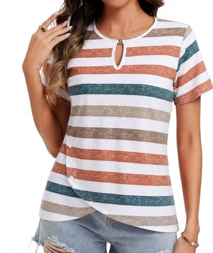 MFAVIP Womens Summer Tops Short Sleeve T Shirts Trendy Cute Keyhole Neck Dressy Casual Basic Work Ladies Clothing Stripe - Image 1