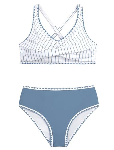 HOZIY Swim Suits for Teens Girls Juniors Bikini Sets Swimsuit 2 Piece Tie Back High Waisted Bathing Suits Kids Swimwear Blue Stripe Size 16-18 - Image 1