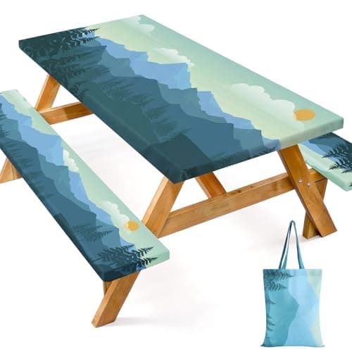 Picnic Table Cover with Bench Covers and Bag, 72in Camping Tablecloth, Waterproof Windproof Elastic Edges Fitted Rectangle Tables RV Gear Campers Must Have(Green) - Image 1