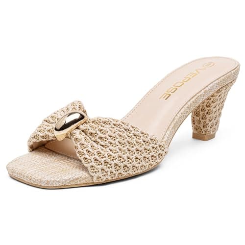 Vepose Women's Nude Woven Raffia Heeled Sandals, Approx 3 Inch Flared Block Chunky Slip on Mules with Ring Charm - Square Open Toe Business Casual Wedding Size 6.5 (CJY6102 Nude 06.5) - Image 1
