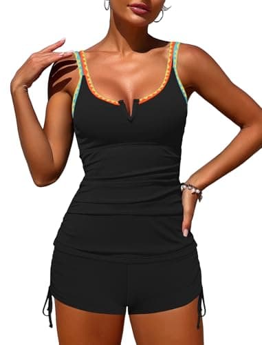 ZAFUL Womens Two Piece Tankini Swimsuit Round Neck V-Wire Modest Tummy Control Slimming Bathing Suits with High Waisted Shorts Black S - Image 1