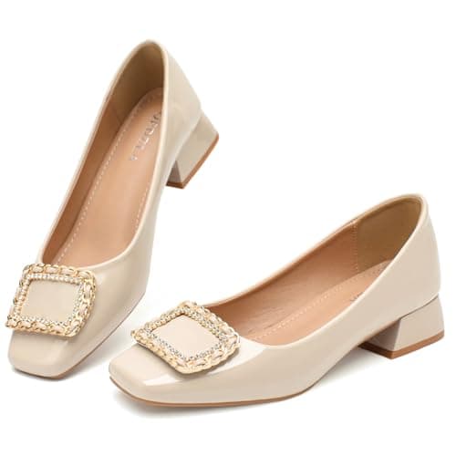 QFDZLA Women's Low Chunky Block Heel Pumps Comfortable Leather Square Toe Dress Shoes Slip On Block Heel for Office Lady Shoes Nude Size 10 - Image 1