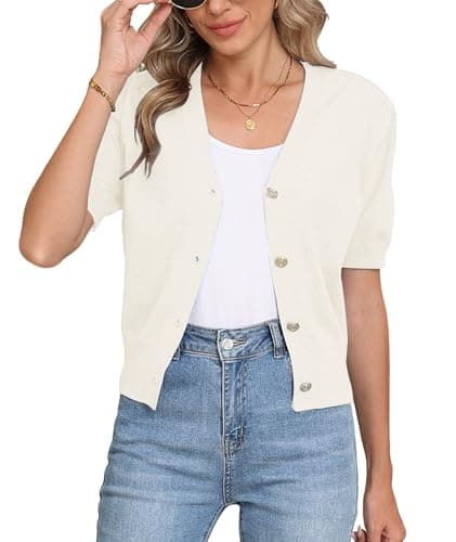 COSSEN Women Cardigan Sweater Dressy White Large V Neck Bolero Crop Coat Crochet Button Down Short Sleeve Short Tops Trendy Open Front Lightweight Jacket Summer Knit Cropped Shrug for Dress - Image 1