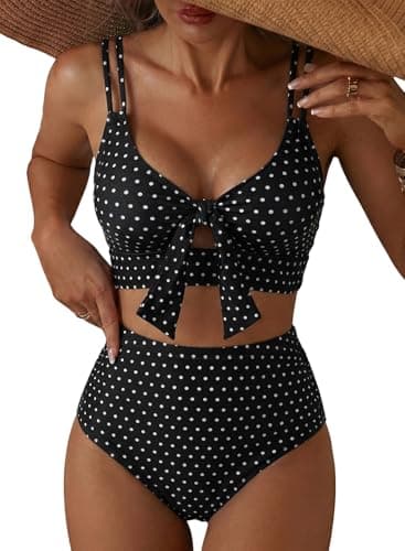 Herseas Modest Swimsuit for Women Double Straps V Neck Push Up Bestselling Bikini Set High Waisted Bathing Suit Tummy Control Beach Vacation Essentials Polka Dot Large - Image 1