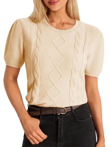 Cicy Bell Womens Puff Short Sleeve Sweater Tops Cable Knit Crew Neck 2026 Spring Shirts Lightweight Dressy Casual Sweaters Khaki - Image 1