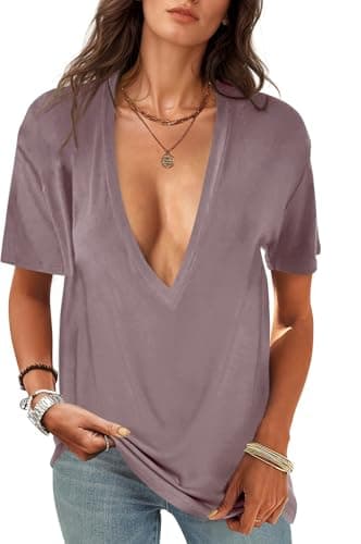 UNCLECAT Womens Deep V-Neck T Shirts Sexy Short Sleeve Tops Summer Oversized Tee - Image 1