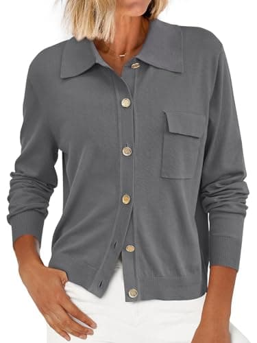 PRETTYGARDEN Long Sleeve Collar Knitted Button Down Shirts for Women Plus Size Tops Womens Cardigan Sweaters with Pockets (Grey, Large) - Image 1