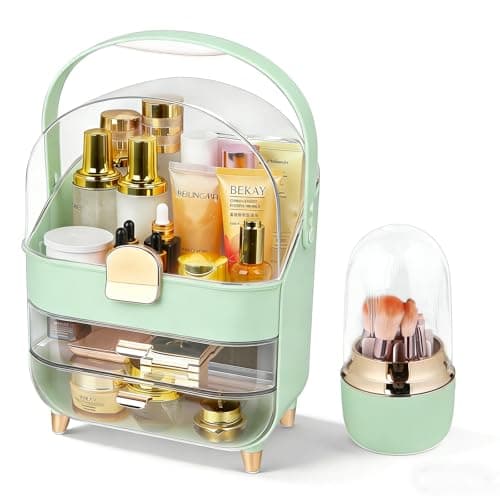 Makeup Organizer with Drawers-Cosmetic Display Case for Vanity|Skincare Organizer with 360 Rotating Brush Holder,Large Storage Box Dresser,Women Gifts Display Cases for Bathroom Countertop,Green - Image 1