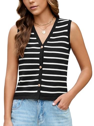 KORSIS Sweater Vest Tops for Women Black White Striped Small Button up Summer Fall Outfits Fashion Casual Shirts Coat Knit Cardigan jacket Work Clothes - Image 1