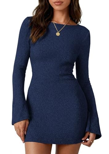 PRETTYGARDEN Womens Fall Bell Long Sleeve Mini Dress 2026 Casual Boat Neck Ribbed Bodycon Short Party Cocktail Dresses (Navy,X-Large) - Image 1