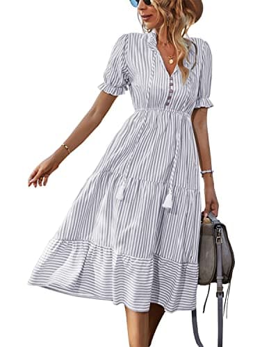 Sexyasasii Women's Summer Puff Short Sleeve Tie Neck 2023 Midi Dresses Stripe Elastic Waist Casual Dress with Buttons(GreyStripe,L) - Image 1