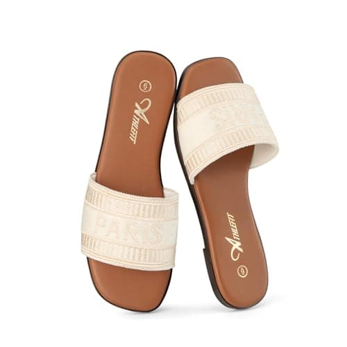 Athlefit Women's Slides Summer Fashion Slip On Flat Sandals Dressy Beige Size 10 - Image 1