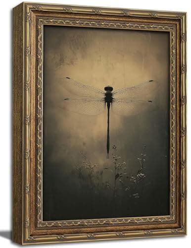 Gold Framed Wall Art, Vintage Dragonfly Canvas Prints - Gothic Dark Moody Insect Pictures, Rustic Retro Nature Cottagecore Animal Decor Gallery Artwork for Living Room, Bedroom 9x11 inch - Image 1