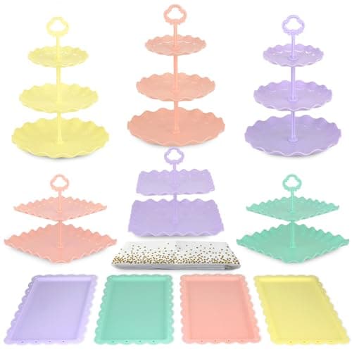 Pack of 11 NWK Cake Stand Set, with 3 x Two-Tier and 3 x Three-Tier Cupcake Stands, 4 x Appetizer Trays, 1 x Tablecloth for Birthday Bridal Baby Shower Party (Colorful) - Image 1