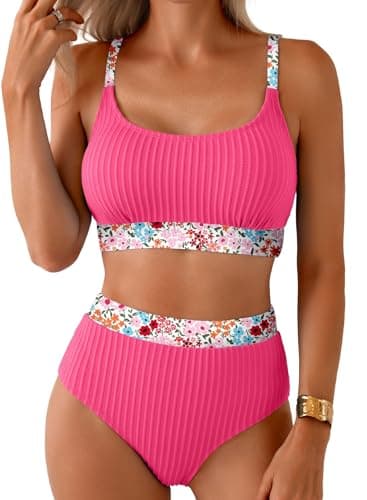 Herseas Women's Textured Bikini Sets Floral Trim Scoop Two Piece Swimsuits High Waisted Moderate Coverage Bathing Suit Trendy 2026 Pink Swimming Pool Outfits XX-Large - Image 1
