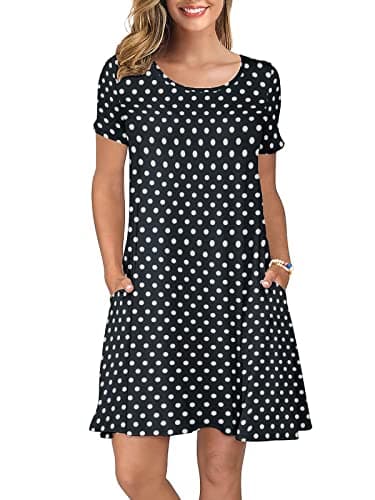 KORSIS Summer Dresses for Women Polka Dot Black Large Casual T Shirt Dress Short Sleeve Swing Flowy Ladies Beach Vacation Sundress with Pockets - Image 1