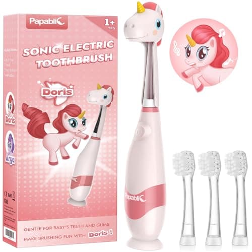 Papablic Toddler Sonic Electric Toothbrush Kids for Ages 1-3 Years, Baby Electric Toothbrush with Cute Unicorn Cover and Smart LED Timer, 4 Brush Heads (Doris) - Image 1