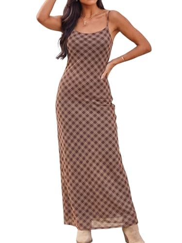 ZAFUL Womens Summer Maxi Dress Spaghetti Strap Mesh Stretch A Line Dresses 2026 Plaid Casual Sleeveless Beach Vacaion Slip Long Sundress Spring Clothing Brown Small - Image 1