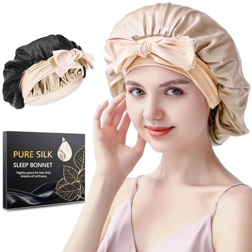 SILMANA Silk Bonnet for Sleeping Women, 22 Momme 100% Mulberry Silk Bonnet, Reversible Adjustable Bonnet for Curly & Natural Hair – Champagne - Image 1
