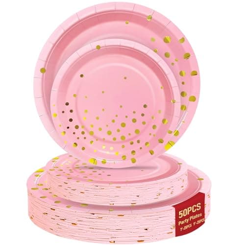 50 Pink Gold Paper Plates for Party Set Includes 25-9" & 25-7" Thickened Gold Dot Disposable Plates, Birthday Cake Dessert Plates for Party Supplies&Decoration, Ideal for Birthday, Wedding,Baby Shower - Image 1